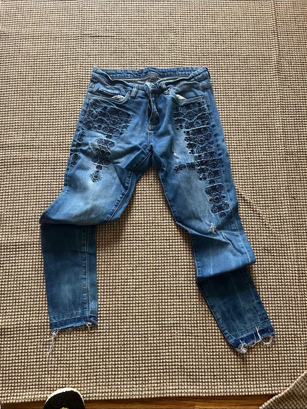 Blank NYC Washed Blue Denim Jeans with Embroidered Accent